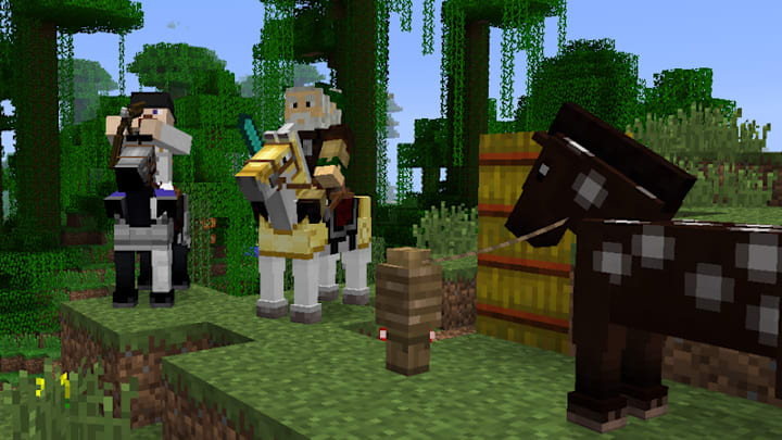 Two Minecraft characters on horseback in a Jungle