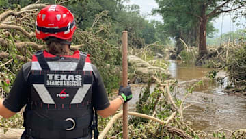 TEXSAR search-and-rescue volunteers scour the banks of the Guadalupe River, looking for victims of the recent floods. The group has deployed 50 volunteers and six swift-water rescue boats to help search for victims. Mandatory Credit: Courtesy of TEXSAR via Imagn Images
