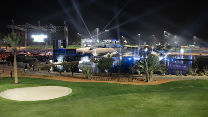 Riyadh Golf Course under the lights during the first round of LIV Riyadh. Riyadh Golf Course under the lights during the first round of LIV Riyadh.