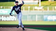 Arizona Diamondbacks pitching prospect Yu-Min Lin follows through after delivering pitch for Reno Aces May 1, 2025