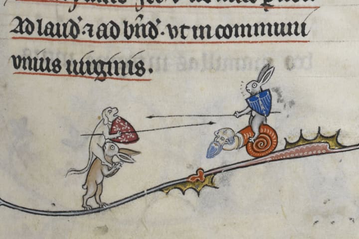 illustration of a hound riding a rabbit fighting a rabbit riding a snail person