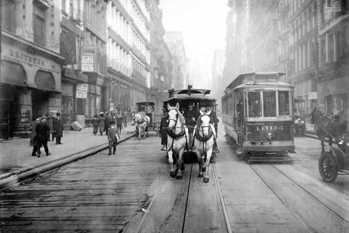 A horsecar in New York City.