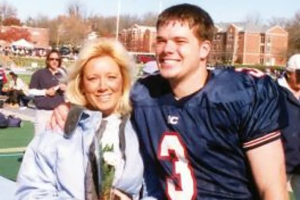 Derek Leonard with his late mother Liz, following a game during Leonard's Hall of Fame career as the quarterback at Illinois 