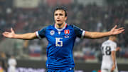 David Strelec a goal celebrate during UEFA Nations league, Slovakia - Estonia , 19. november 2024, City Arena, Trnava Copyright: xMICHALxFAJT,ZOSPORTU.SKx FAJ_6902