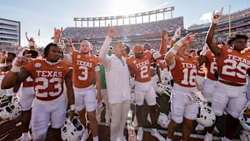 The Texas Longhorns stand for the playing of The Eyes of Texas after defeating the Colorado State Rams at Darrell K Royal-Texas Memorial Stadium on August 31, 2024 in Austin, Texas.