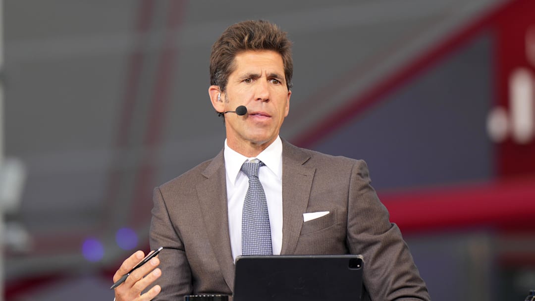 Oct 23, 2024; Inglewood, California, USA; Bob Myers on the ESPN NBA Countdown live set at Intuit Dome. Mandatory Credit: Kirby Lee-Imagn Images
