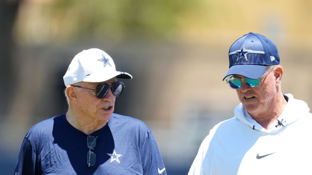Jul 27, 2023; Oxnard, CA, USA; Dallas Cowboys owner Jerry Jones (left) and executive vice president Stephen Jones during training camp at Marriott Residence Inn-River Ridge Playing Fields. Mandatory Credit: Kirby Lee-USA TODAY Sports