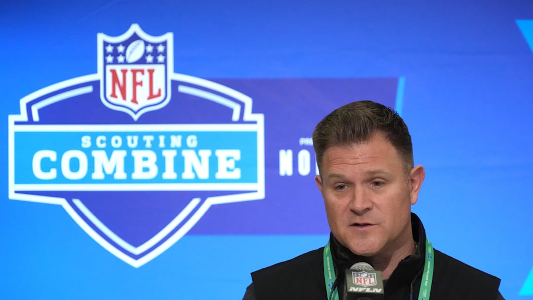 Feb 27, 2024; Indianapolis, IN, USA; Green Bay Packers general manager Brian Gutekunst during the NFL Scouting Combine at Indiana Convention Center. Mandatory Credit: Kirby Lee-Imagn Images