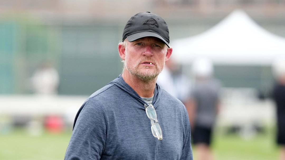Aug 14, 2025; Carson, CA, USA; Los Angeles Rams general manager Les Snead watches during a joint practice against the New Orleans Saints at the Dignity Health Sports Park. Mandatory Credit: Kirby Lee-Imagn Images