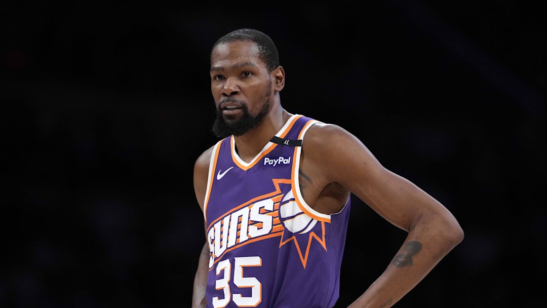 Mar 16, 2025; Los Angeles, California, USA; Phoenix Suns forward Kevin Durant (35) reacts against the Los Angeles Lakers in the second half at Crypto.com Arena. Mandatory Credit: Kirby Lee-Imagn Images