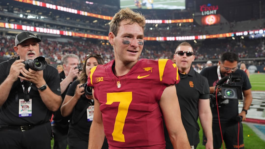 Sep 1, 2024; Paradise, Nevada, USA; Southern California Trojans quarterback Miller Moss (7) reacts after the game against the LSU Tigers at Allegiant Stadium. Mandatory Credit: Kirby Lee-Imagn Images