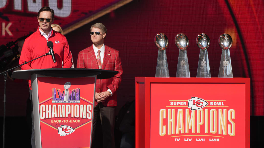 Feb 14, 2024; Kansas City, MO, USA; Kansas City Chiefs president Mark Donovan (left) and owner Clark Hunt during the celebration of the Chiefs winning Super Bowl LVIII. Mandatory Credit: Kirby Lee-USA TODAY Sports