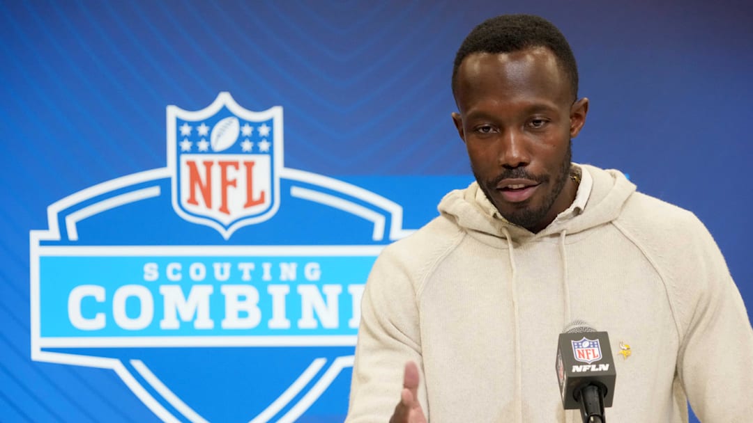 Feb 25, 2025; Indianapolis, IN, USA; Minnesota Vikings general manager Kwesi Adofo-Mensah speaks during the NFL Scouting Combine at the Indiana Convention Center. Mandatory Credit: Kirby Lee-Imagn Images