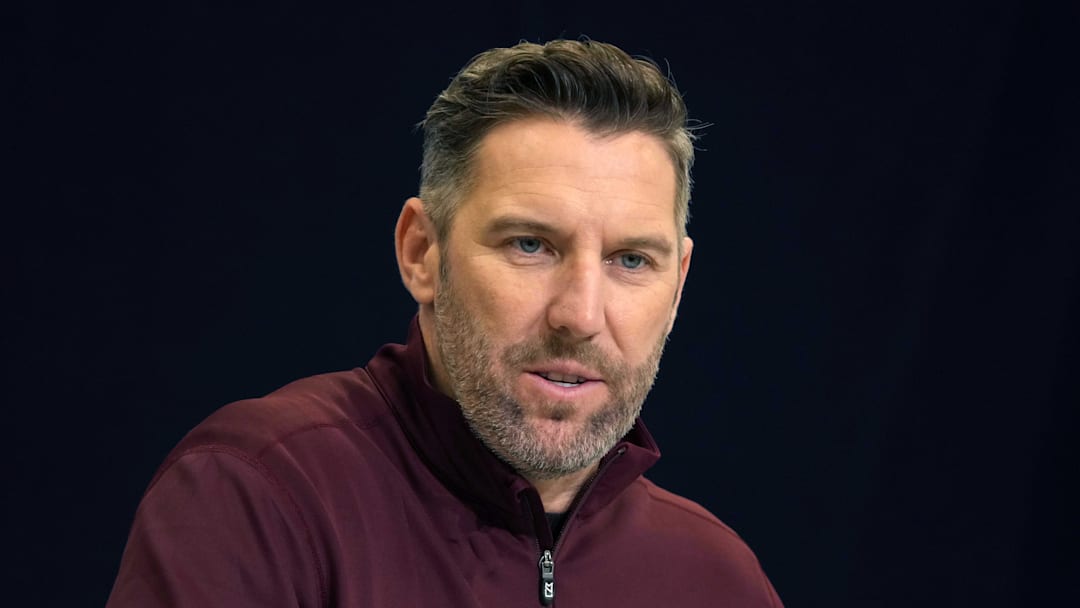 Feb 25, 2025; Indianapolis, IN, USA; Washington Commanders general manager Adam Peters speaks during the NFL Scouting Combine at the Indiana Convention Center. Mandatory Credit: Kirby Lee-Imagn Images