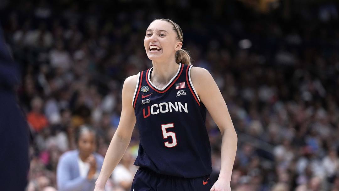 Apr 6, 2025; Tampa, FL, USA; UConn Huskies guard Paige Bueckers (5) celebrates in the second half during the national championship of the women's 2025 NCAA tournament against the South Carolina Gamecocks at Amalie Arena. Mandatory Credit: Kirby Lee-Imagn Images