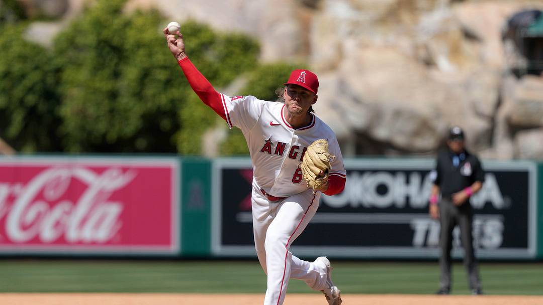 May 11, 2025; Anaheim, California, USA;Los Angeles Angels relief pitcher Shaun Anderson (64) throws in the sixth inning against the Baltimore Orioles at Angel Stadium. Mandatory Credit: Kirby Lee-Imagn Images