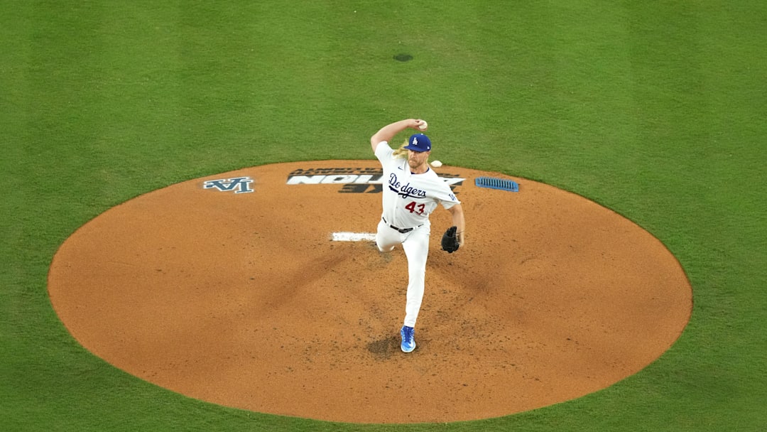 May 15, 2023; Los Angeles, California, USA; Los Angeles Dodgers starting pitcher Noah Syndergaard (43) throws in the third inning against the Minnesota Twins at Dodger Stadium. Mandatory Credit: Kirby Lee-Imagn Images