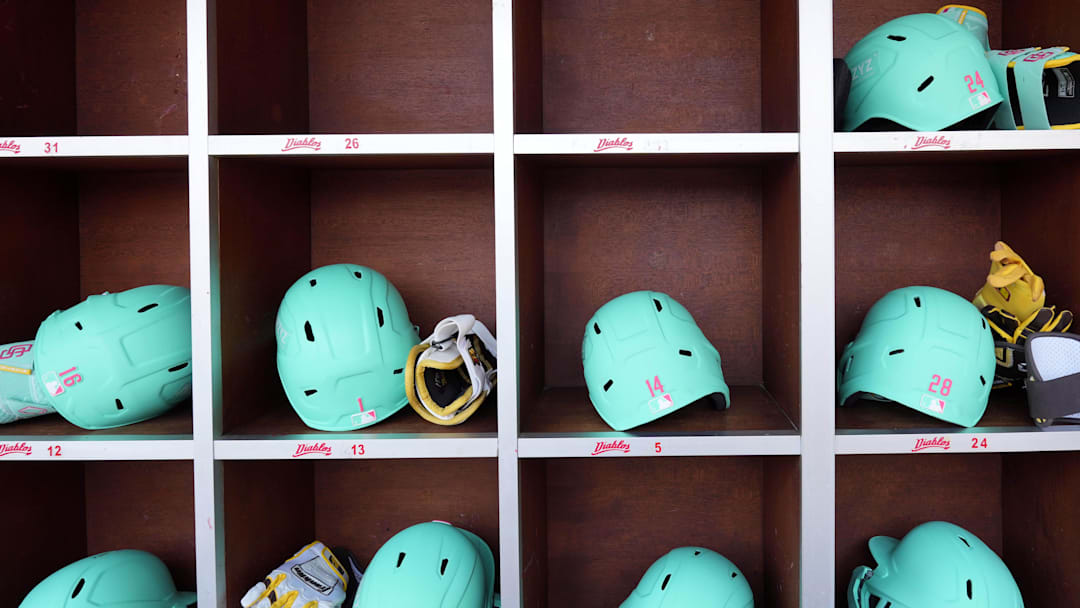 Apr 29, 2023; Mexico City, Mexico; San Diego Padres helmets in the dugout during a MLB World Tour game at Estadio Alfredo Harp Helu. Mandatory Credit: Kirby Lee-Imagn Images