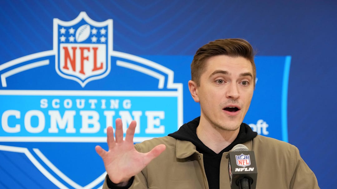 Feb 25, 2025; Indianapolis, IN, USA; Jacksonville Jaguars general manger James Gladstone speaks during the NFL Scouting Combine at the Indiana Convention Center. Mandatory Credit: Kirby Lee-Imagn Images