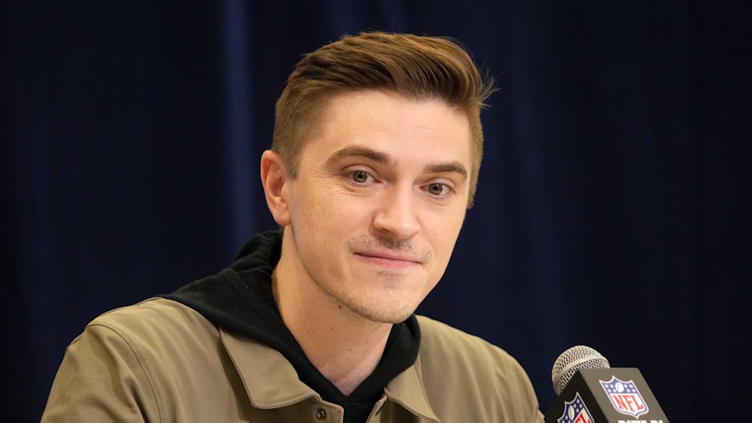 Feb 25, 2025; Indianapolis, IN, USA; Jacksonville Jaguars general manger James Gladstone speaks during the NFL Scouting Combine at the Indiana Convention Center. Mandatory Credit: Kirby Lee-Imagn Images