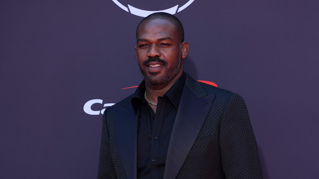Jul 16, 2025; Hollywood, CA, USA; Jon Jones poses on the ESPYs red carpet at the Dolby Theatre. Mandatory Credit: Kirby Lee-Imagn Images