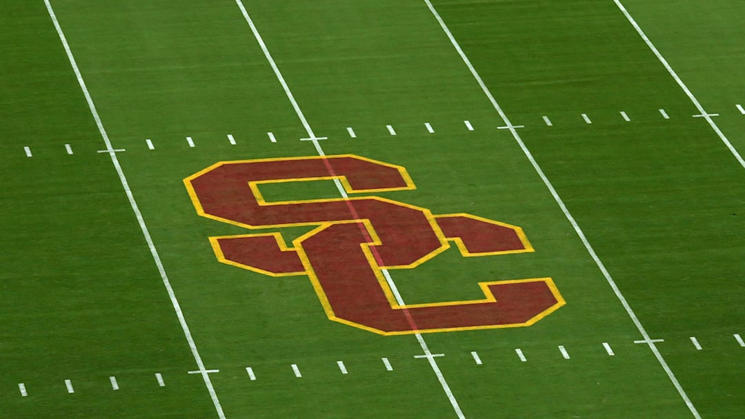 Sep 9, 2023; Los Angeles, California, USA; The Southern California Trojans SC logo at midfield at United Airlines Field at Los Angeles Memorial Coliseum.