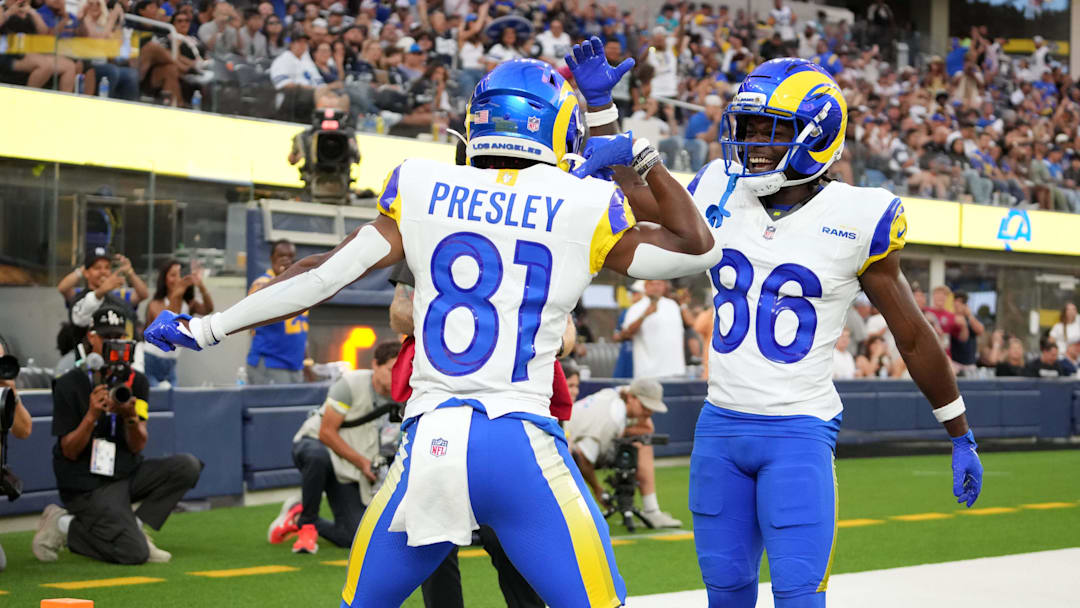 Aug 9, 2025; Inglewood, California, USA; Los Angeles Rams wide receiver Brennan Presley (81) celebrates with wide receiver Mario Williams (86) after catching a 7-yard touchdown pass in the fourth quarter against the Dallas Cowboys at SoFi Stadium. Mandatory Credit: Kirby Lee-Imagn Images