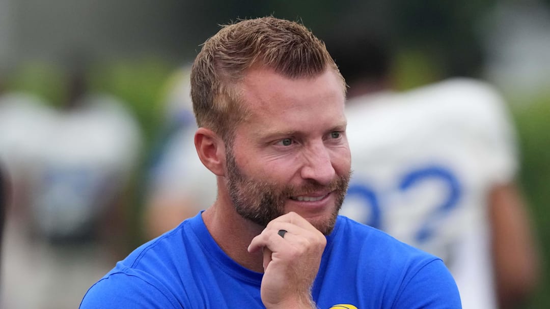 Aug 14, 2025; Carson, CA, USA; Los Angeles Rams head coach Sean McVay watches during a joint practice against the Los Angeles Rams at the Dignity Health Sports Park. Mandatory Credit: Kirby Lee-Imagn Images