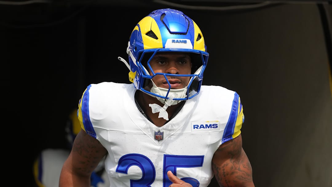 Aug 16, 2025; Inglewood, California, USA; Los Angeles Rams running back Jarquez Hunter (35) enters the field against the Los Angeles Chargers in the first half at SoFi Stadium. Mandatory Credit: Kirby Lee-Imagn Images