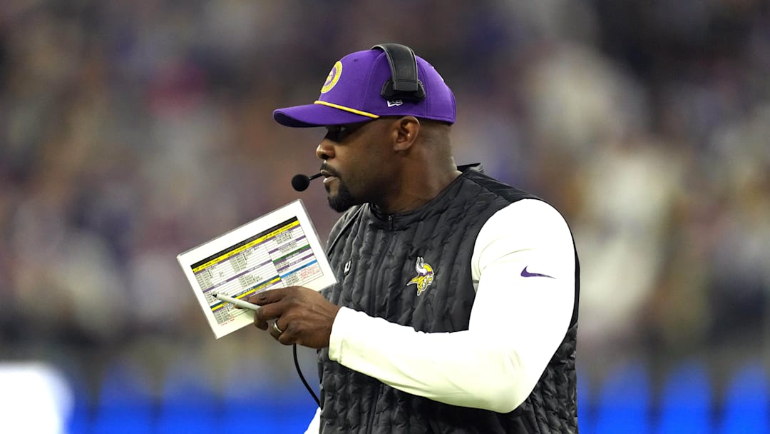 Oct 24, 2024; Inglewood, California, USA; Minnesota Vikings defensive coordinator Brian Flores watches from the sidelines against the Los Angeles Rams in the first half at SoFi Stadium. Mandatory Credit: Kirby Lee-Imagn Images