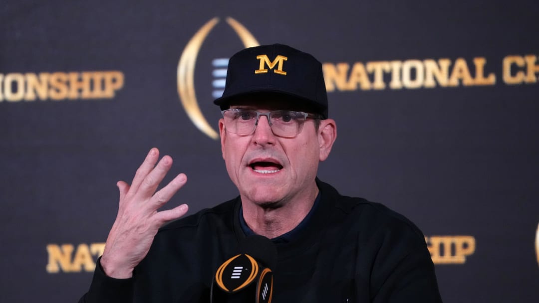 Michigan Wolverines coach Jim Harbaugh during College Football National Championship press conference 