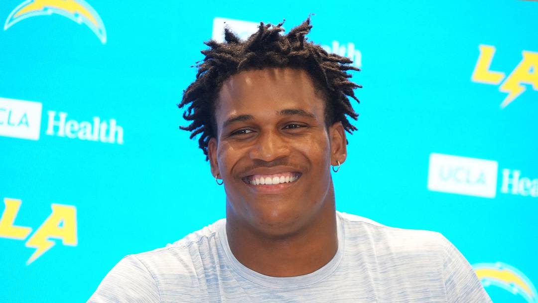Jul 21, 2025; El Segundo, CA, USA; Los Angeles Chargers linebacker Junior Colson at training camp press conference  at The Bolt. Mandatory Credit: Kirby Lee-Imagn Images