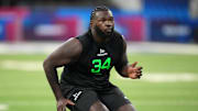 Mar 2, 2025; Indianapolis, IN, USA; Miami offensive lineman Jalen Rivers (OL34) during the 2025 NFL Scouting Combine at Lucas Oil Stadium. Mandatory Credit: Kirby Lee-Imagn Images