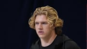 Feb 26, 2025; Indianapolis, IN, USA; UCLA linebacker Carson Schwesinger (LB25) during the 2025 NFL Scouting Combine at the Indiana Convention Center. Mandatory Credit: Kirby Lee-Imagn Images