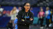 Apr 3, 2025; Tampa, FL, USA; UCLA Bruins associate head coach Shannon LeBeauf during practice at Amalie Arena. Mandatory Credit: Kirby Lee-Imagn Images
