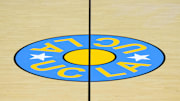 Dec 19, 2023; Los Angeles, California, USA; The UCLA Bruins logo at center court at Pauley Pavilion presented by Wescom. Mandatory Credit: Kirby Lee-Imagn Images