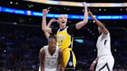 Jul 29, 2025; Los Angeles, California, USA; LA Sparks forward Cameron Brink (22) and Las Vegas Aces guard Jewell Loyd (24) react in the second half at the Crypto.com Arena. Mandatory Credit: Kirby Lee-Imagn Images