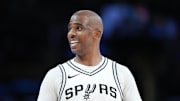 Mar 17, 2025; Los Angeles, California, USA; San Antonio Spurs guard Chris Paul (3) reacts against the Los Angeles Lakers in the first half at Crypto.com Arena. Mandatory Credit: Kirby Lee-Imagn Images