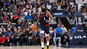 May 1, 2025; Inglewood, California, USA; LA Clippers guard James Harden (1) dribbles the ball in the second half against the Denver Nuggets during game six of first round for the 2025 NBA Playoffs at Intuit Dome. Mandatory Credit: Kirby Lee-Imagn Images