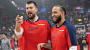 Mar 7, 2025; Inglewood, California, USA; LA Clippers center Ivica Zubac (left) and guard Amir Coffey before the game against the New York Knicks at the Intuit Dome. Mandatory Credit: Kirby Lee-Imagn Images