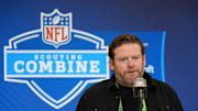 Feb 25, 2025; Indianapolis, IN, USA; Seattle Seahawks general manager John Schneider speaks during the NFL Scouting Combine at the Indiana Convention Center. Mandatory Credit: Kirby Lee-Imagn Images