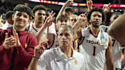 Nov 4, 2024; Los Angeles, California, USA; Southern California Trojans head coach Eric Musselman cheers after the game against the Chattanooga Mocs at Galen Center. Mandatory Credit: Kirby Lee-Imagn Images