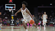 Feb 11, 2025; Los Angeles, California, USA; Southern California Trojans guard Wesley Yates III (6) dribbles the ball against the Penn State Nittany Lions in the second half at Galen Center. Mandatory Credit: Kirby Lee-Imagn Images