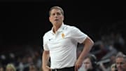 Feb 11, 2025; Los Angeles, California, USA; Southern California Trojans head coach Eric Musselman reacts during the game against the Penn State Nittany Lions at Galen Center. Mandatory Credit: Kirby Lee-Imagn Images