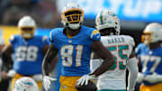 Sep 10, 2023; Inglewood, California, USA; Los Angeles Chargers wide receiver Mike Williams (81) reacts after a first down against the Miami Dolphins in the second half at SoFi Stadium. Mandatory Credit: Kirby Lee-Imagn Images