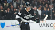 Mar 11, 2025; Los Angeles, California, USA; LA Kings right wing Quinton Byfield (55) reacts after scoring a short-handed goal against the New York Islanders at the Crypto.com Arena. Mandatory Credit: Kirby Lee-Imagn Images