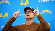 Jun 13, 2024; Costa Mesa, CA, USA; Los Angeles Chargers head coach Jim Harbaugh at a press conference during minicamp at the Hoag Performance Center.  Mandatory Credit: Kirby Lee-USA TODAY Sports