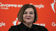 Sep 24, 2023; Las Vegas, Nevada, USA; Dallas Wings coach Latricia Trammell  at press conference during game one of the 2023 WNBA Semifinals against the Las Vegas Aces at Michelob Ultra Arena. The Aces defeated the Wings 97-83. Mandatory Credit: Kirby Lee-Imagn Images