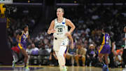Aug 28, 2024; Los Angeles, California, USA; New York Liberty guard Sabrina Ionescu (20) reacts against the LA Sparks in the second half at Crypto.com Arena. Mandatory Credit: Kirby Lee-Imagn Images