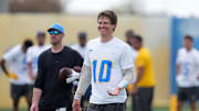 May 12, 2025; El Segundo, CA, USA; Los Angeles Chargers quarterback Justin Herbert (10) reacts during offseason workouts at The Bolt. Mandatory Credit: Kirby Lee-Imagn Images